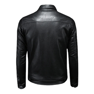Chaqueta de Motociclista de Cuero Genuino para Hombre, Cuello Alto, Cierre de Cremallera, Corte Regular, Estilo Otoñal, Color Negro Sólido - Product Image 1