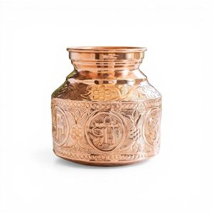 Lota en cuivre avec motif Om Swastik pour la prière Poojan, hauteur 5,5 pouces, capacité 1550 ml, ronde - Product Image 1