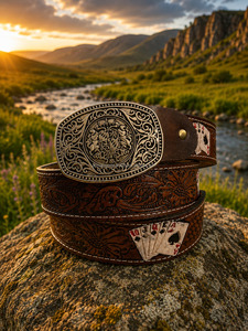 Ceinture Western en cuir véritable artisanale avec boucle en argent gravée |   Ceinture en cuir de vachette vintage pour hommes et femmes - Product Image 3