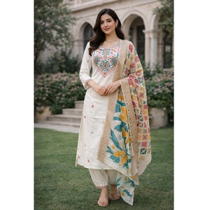 Nuevo Conjunto de Kurti Blanco Elegante para Mujer, Manga 3/4, Seda Jacquard, Completamente Cosido, para Ocasiones Formales y Festivas - Product Image 1