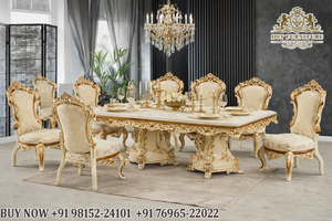 Juego de Comedor Premium de Madera Tallada en Oro para 7 Personas, con Tapicería de Tela Cómoda, de Alta Calidad, Estilo Australiano - Product Image 3