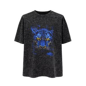 [OEM] T-shirt surdimensionné pour homme en coton délavé, motif tigre bleu, style vintage - Product Image 1