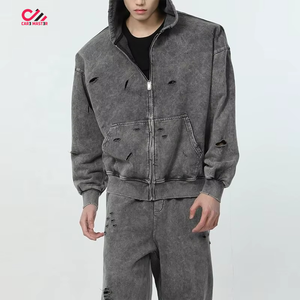 Conjunto de Sudadera con Capucha y Pantalones de Chándal de Algodón Desgastado para Hombre CARE MASTER, Ajuste Holgado, Estilo Urbano, Cremallera Frontal Completa, Gris, Otoño - Product Image 6