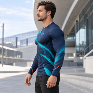 Custom Mens Navy Cyan Graphic <b>Long</b> <b>Sleeve</b> <b>Compression</b> <b>Shirt</b> Crewneck Slim Gym Training Rash Guard Athletic Sportswear Base Layer - Product Image 2