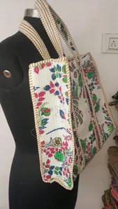 Premium <b>White</b> Cotton Tote <b>Bag</b> with Floral Print Bohemian Style Summer Casual Zipper Shopping Handbag for Women - Product Image 2
