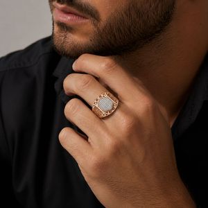 <b>Mens</b> 18KT Rose Gold Hexagon Micro Pave Cubic Zirconia Signet <b>Ring</b> Geometric Cutout Statement Band Wedding Party Gift Jewelry - Product Image 5