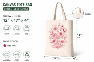 Bolsa de Tela de Algodón Premium AMANI de 300 g/m², Ecológica, Reutilizable, con Estampado Floral y Logotipo Personalizado, 12x17x4 Pulgadas - Product Image 2