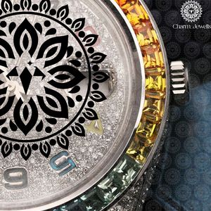 Montre ronde de luxe pour femme Charm_Jewells en acier inoxydable 38 mm, analogique à quartz, avec verre saphir et lunette arc-en-ciel, tendance - Product Image 6