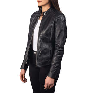Blouson Bomber Noir en Cuir Véritable Coupe Ample Col Mandarin Fermeture Éclair Devant Qualité Premium en Laine pour l'Hiver Fournisseur OEM ODM Vente en Gros - Product Image 3