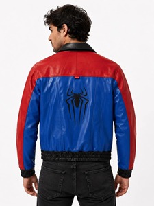 Blouson Bomber en Cuir PU Rouge et Bleu pour Homme, Imprimé Personnalisé, Fermeture Éclair, Col Rabattu, Vêtement Décontracté pour l'Automne - Product Image 2