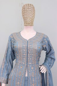 Traje Anarkali Azul con Bordado, Salwar Kameez, Estilo Patchwork, Vestido de Boda Pakistaní para Mujer - Product Image 3