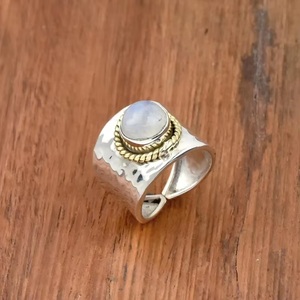 925 Sterling <b>Silver</b> Hammered Band Moonstone <b>Adjustable</b> <b>Ring</b> Handmade Bohemian Statement Jewelry for Women - Product Image 5