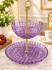 Bandeja de Servir Redonda de Dos Niveles de Vidrio Morado de 3 mm de Grosor, Decoración de Mesa de Lujo, Diseño Duradero, 300 mm de Diámetro - Product Image 1