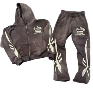 Ensemble de survêtement OEM 2026 personnalisé avec logo, effet délavé, comprenant un sweat à capuche zippé et un pantalon de survêtement évasé pour homme - Product Image 2