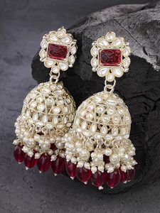 Pendientes Jhumka Étnicos Hechos a Mano de Aleación de Zinc con Piedra Roja y Perlas para Boda - Product Image 2