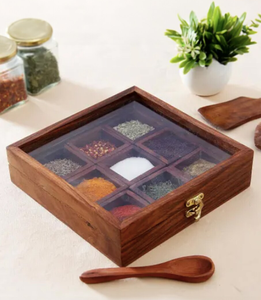 Caja de especias antigua de madera con 4 compartimentos, tapa acrílica a prueba de fugas, apta para lavavajillas, caja de especias de madera para cocinar. - Product Image 1