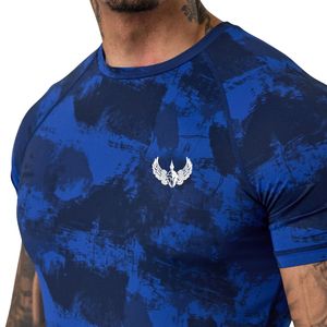 T-shirt de compression à manches courtes pour homme, camouflage bleu, entraînement sportif, performance athlétique, gym, fitness, vêtements de sport - Product Image 3
