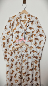 Hand-Block Printed Leopard Motif Knitted Cotton Eco-Friendly Breathable Women's Pajama Set Elegant White Full-Sleeve Button-<b>Down</b> - Product Image 6