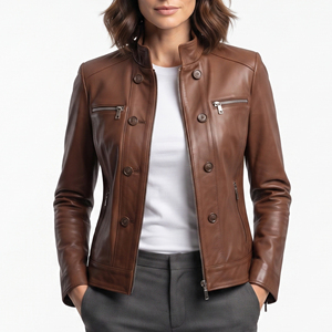 Wholesale Women's Casual Leather Jacket Chest Pocket Stand Collar Biker Leather Jackets Ladies Outerwear Fashion Leather Jackets - Product Image 4