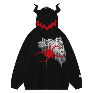 Unisex Embroidered Hip Hop Spider Hoodie Devil Horn Gothic Jacket Y2K Harajuku Streetwear Full <b>Zip</b> 100% Cotton OEM Winter - Product Image 1