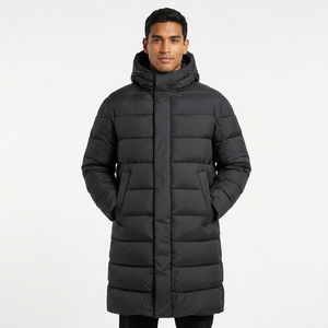 Veste d'hiver en duvet à capuche longue pour homme, noire unie, coupe-vent, fermeture éclair, décontractée, en polyester - Product Image 4