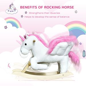 Sedia a dondolo in legno a forma di unicorno in peluche bianco e rosa con canzone ninna nanna per bambini da 18 a 36 mesi, che offre comfort e gioia - Product Image 4