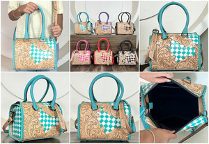 2026 Custom Designer <b>Tooled</b> Floral Pattern Checkered <b>Leather</b> Duffel Bags Women Fashion Medium Crossbody Travel Shopping Handbags - Product Image 3