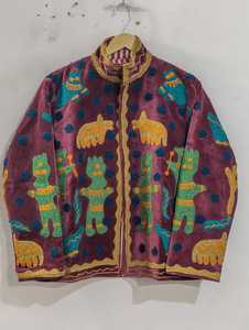 Veste en velours bordeaux à col montant, manches longues, broderie 3D, style vintage, fermeture éclair, décontractée pour femme - Product Image 1