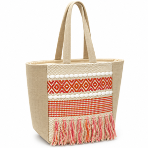 Sac fourre-tout en tissu de coton bohème avec broderie unie, fermeture éclair et pompons - Style plage estival - Product Image 1