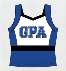 Ensemble d'uniformes de cheerleading personnalisés en polyester, robe sans manches à col en V, logo imprimé par transfert thermique, contraste noir et bleu - Product Image 3
