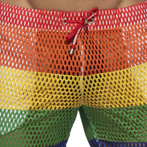 Pantalones Cortos de Malla Arcoíris para Hombre, de Cintura Media con Cordón, Diseño Casual a Rayas, Transpirables, con Agujeros, Ligeros - Product Image 6