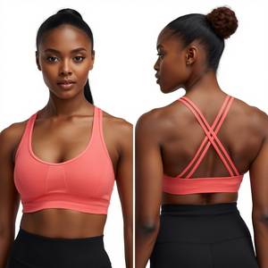 Sujetador deportivo Racerback para mujer, para fitness, entrenamiento, yoga, gimnasio, ropa deportiva, tela elástica premium, logo frontal, soporte medio - Product Image 3