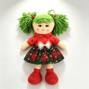 customized Green Yarn Pigtail Rag <b>Doll</b>, Christmas Plaid Dress Girl Rag <b>Doll</b>, Holiday Stuffed Cloth <b>Doll</b> - Product Image 1