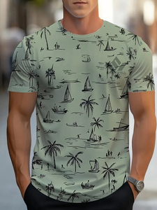 Camiseta de Hombre Verde Oliva con Estampado de Palmeras y Veleros, Manga Corta, Cuello Redondo, Corte Regular, Informal, Tejida - Product Image 5