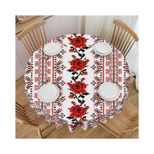 Long Red Motif Digital Round Printed Cotton Linen Tablecloth Geometric Pattern Red White Classic Style Washable Home Use - Product Image 5