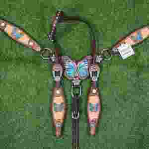 Juego de Arreos para Caballo con Mariposas Turquesas: Cabezada de Cuero Pintada a Mano, Concho de Flor Turquesa - Product Image 6