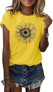 T-shirt en coton slim pour femme, style rétro, imprimé tournesol, tissu tricoté respirant, haut décontracté à manches courtes pour l'été - Product Image 2