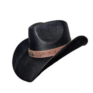 Chapeau de cowboy western en paille texturée noire, respirant, pour l'été, avec bande en cuir marron contrastée - Product Image 1