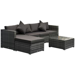 Set da Pranzo da Esterno 6 Pezzi in Rattan con Divano Sezionale, Cuscini Color Carbone, Mobili da Patio in Vimini con Pouf e Tavolino da Caffè - Product Image 1