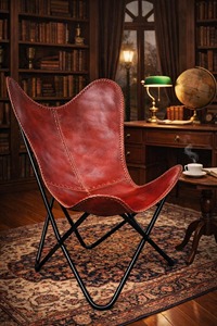Fauteuil papillon vintage en cuir rouge de qualité supérieure, structure en métal noir, fait main, moderne, pour salle à manger, accent de décoration, fauteuil lounge, décoration de salon - Product Image 2
