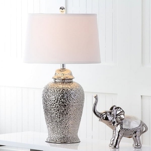 Latest design Hammered Silver metal <b>Table</b> Lamp Luxury Textured Metal Base White Fabric Shade Elegant <b>Bedside</b> Nightstand Light - Product Image 3
