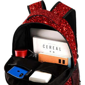 Sac à dos rouge à paillettes avec fermeture éclair noire et poche latérale en maille, style tendance, poignée souple, usage quotidien, matériau polyester - Product Image 3