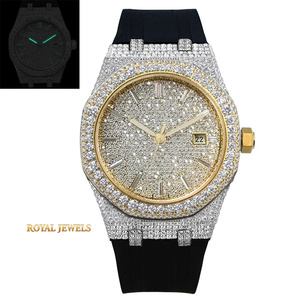 Montre mécanique Iced avec cadran doré, bracelet noir, affichage de la date, lunette sertie de diamants, montre-bracelet de luxe - Product Image 1