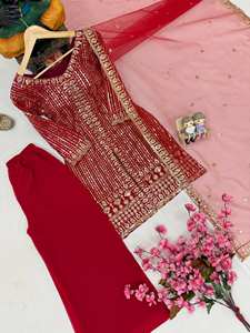 Ropa india y pakistaní, tela de Georgette de imitación pesada, vestido étnico indio paquistaní, traje Sharara para adultos, Palazzo Dupatta - Product Image 5