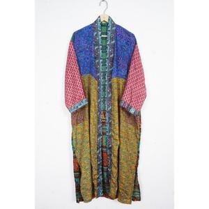 Robe longue en soie 100% faite à la main, patchwork, col en V, fermeture à cordon, manches trois-quarts, respirante, douce, pour femmes - Product Image 6