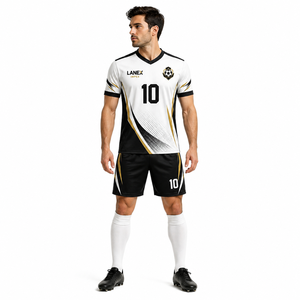 Ensemble de tenue de football Elite blanc et noir avec rayures dorées, uniforme sportif de haute qualité avec tissu respirant pour l'entraînement - Product Image 2