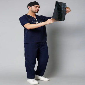 Women <b>Scrub</b> Set Navy Blue V-Neck Short Sleeve Pants Woven Cotton Polyester Hospital Uniform Needle Detection - Product Image 4