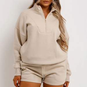 <b>Women</b> Plus Size Solid Color <b>Half</b>-<b>Zip</b> <b>Sweatshirt</b> Set Casual Loose Fit Full Sleeve Cotton Tracksuit Shorts Autumn Wear - Product Image 5