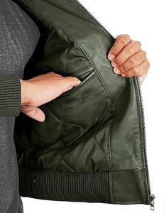 Blouson aviateur en cuir de vachette vert olive pour homme, col montant, fermeture éclair, style moto, coupe classique, pour l'automne - Product Image 4