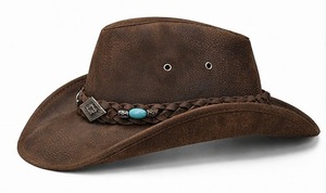 Chapeau de cowboy en cuir marron orné de perles turquoise, style western, avec bande tressée, large bord, accessoire de mode ranch - Product Image 2